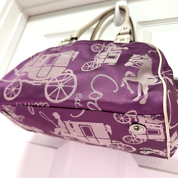 Coach Vintage Horse & Carriage Satchel White Leather Trim Purple Jacquard - Picture 9 of 14